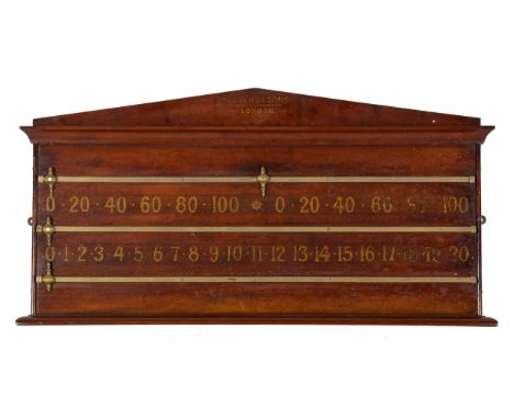 An Edwardian mahogany pool scoreboard. Manufactured by R. Stevens &amp; Sons of Villiers Street, Charing Cross London, having