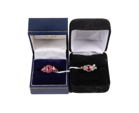 Two 9ct gold, ruby and diamond rings. Comprising a ring set with oval, round and pear shaped stones and four diamond chips, s