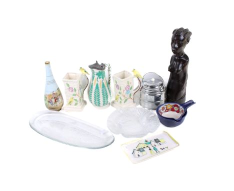 A mixed lot of mostly assorted ceramic and glass items. Including a tribal figure, ice bucket and a glass fish dish, etc. Max