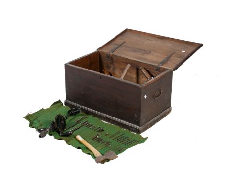 An antique wheelwright's tool box and contents. Including planes, hammers, etc. H40cm x W77cm x D45cm