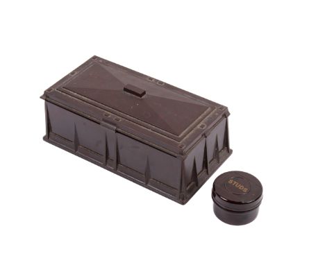Two vintage brown Bakelite boxes. Comprising an Elo Ware Art Deco box of rectangular form, L17cm, and a circular box marked '