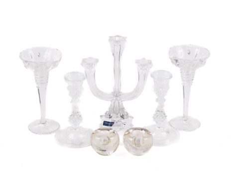Three pairs of glass candle holders and one other. Including a pair of Marquis by Waterford and a four stem candelabra by Vil