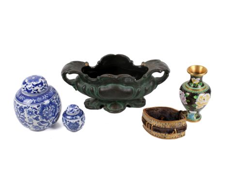 A group of oriental style and European vessels. Including an imitation bronze Italian style stoneware jardiniere, a Chinese c