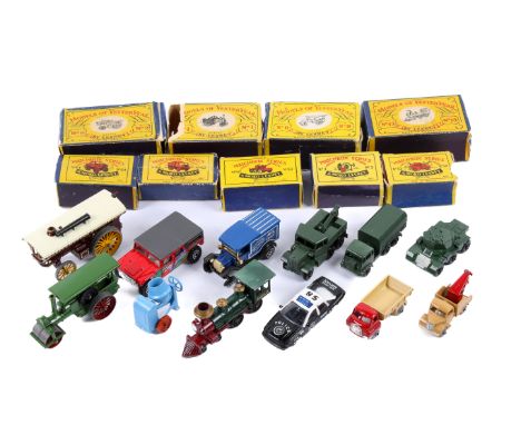 A collection of Matchbox Models of YesterYear diecast vehicles. Including an 'Aveling and Porter' road roller and a no.11, an