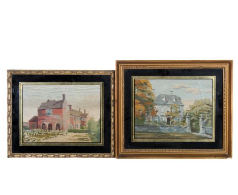 Two early 20th century tapestry pictures of houses. Including 'Gifford Hall, Broughton, Gifford', dated 1932. 34cm x 25cm. Bo