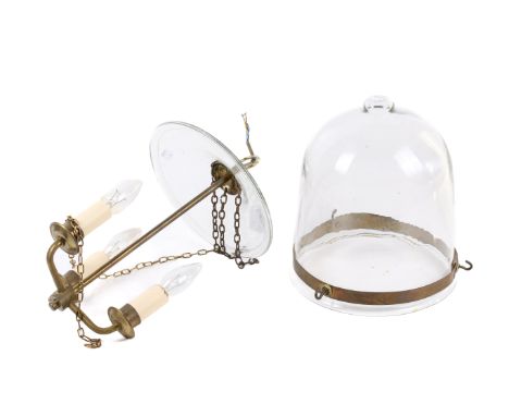 A glass bell jar pendant hall lantern. Having a three branch fitting. H38cm