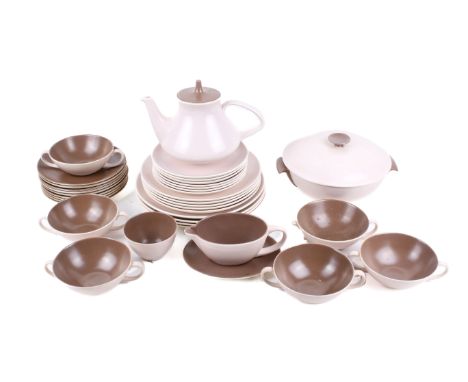 A mid-century Poole Pottery mushroom and sepia two tone dinner tea service. Including a tea pot, sugar bowl and plates, etc. 