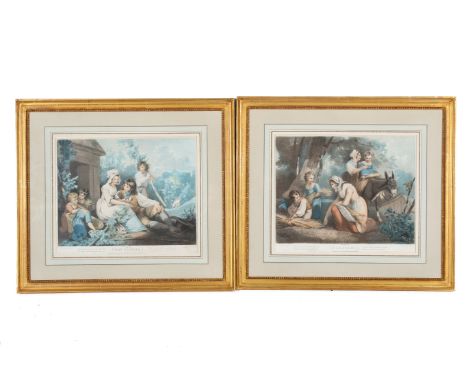 Two 19th century coloured prints. Including 'Gleaners' engraved by W. Ward from painting by R. Westall, 39cm x 33cm, etc. Bot