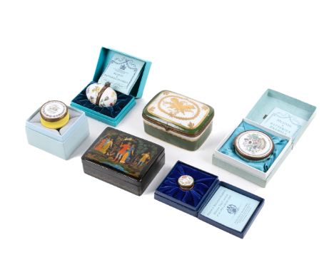 A collection of six assorted patch or trinket boxes. Including enamel boxes, a Russian lacquer box and a Limoges porcelain bo