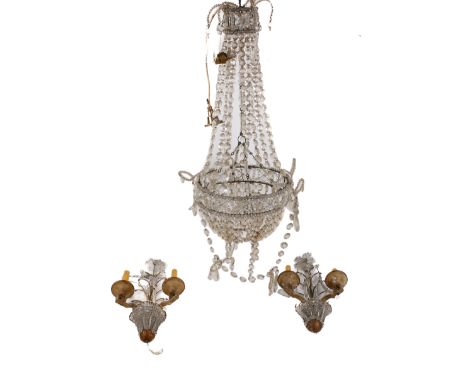 A pair of candle wall sconces and a crystal chandelier. Sconces having two branches with glass flowers, H40cm, etc.