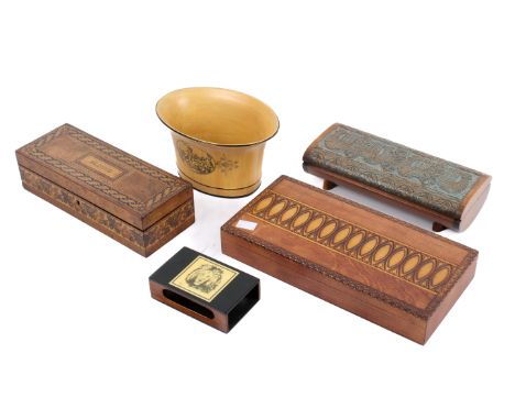 A group of five mostly 20th century collectable items. Including a Tunbridgeware 'Glove' box, a matchbox holder and a ceramic