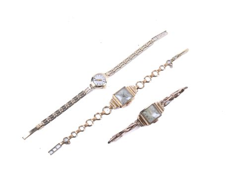 Three vintage gold mounted ladies wristwatches. Two by Anore, back of both cases marked 18K, including one with  lugs marked 