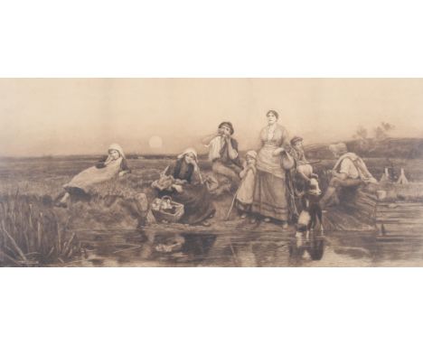 Henry Macbeth Raeburn (British, 1860-1947), etching after Tom Lloyd 'Waiting for the Ferry'. 39cm x 85cm. Framed and glazed. 
