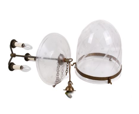 A glass bell jar hall lantern. Having cut fern and star decoration with three branch fitting. H45cm