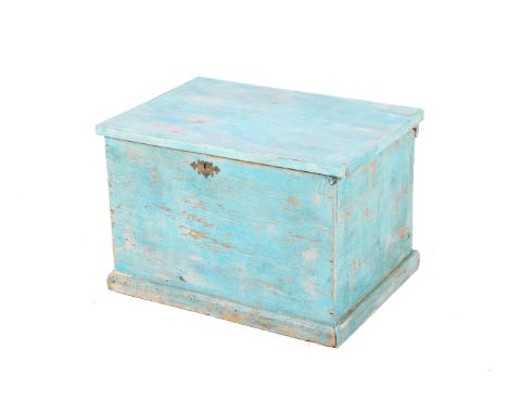A turquoise blue painted pine chest trunk. Raised on a plinth base. H50cm x W73.5cm x D53cm