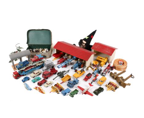 A collection of vintage diecast vehicles and a toy farm. Including wooden farm buildings, tractors and other vehicle plus two