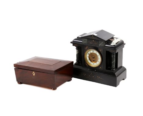 A slate mantel clock and a Victorian mahogany veneered box. The clock having a ceramic dial with Arabic numerals, the black s