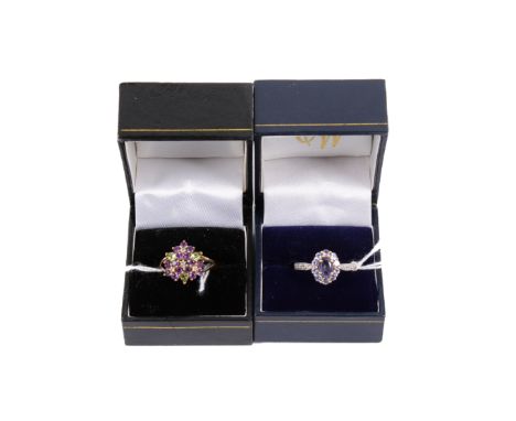 Two gemstone rings. Comprising a 9ct gold ring set with amethyst, peridot and white topaz, size R/S, 2.5g gross, and a silver