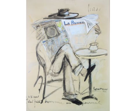 A large contemporary print. Depicting a man reading a newspaper, dated 2001, 100.5cm x 75cm, framed