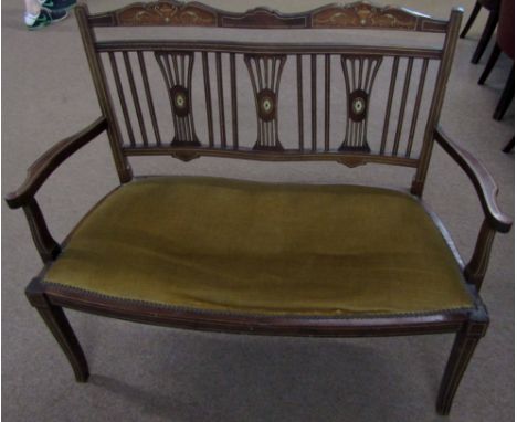 Edwardian double chair back cottage sofa, inlaid throughout with ivorine and satinwood neo-classical designs etc, 107cm wide
