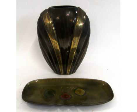 Metal ware Art Deco style vase and ceramic glazed ashtray, the vase 19cm high