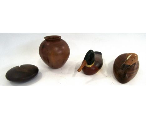 Wooden carvings of ducks together with a baluster vase and a further wooden sculpture, signed Jarrah Burl dated 88, further w