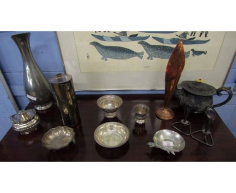 Small collection of various pewter and silver plated wares including lidded tea caddy, wine taster, various dishes, tea pot, 