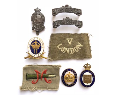 WW1 London Bethnal Green Volunteer Training Corps Badges.  A good and scarce group of badges Comprising: Cap Badge ... Pair o