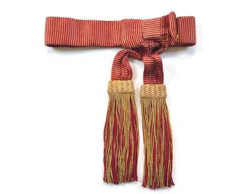 Foot Guards Officers State Waist Sash. A good example, with transverse crimson and gold woven stripes, and gold fringe tassel