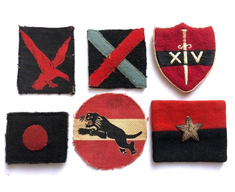 6 WW2 Indian Army formation signs.  4th Division (printed)... 10th  Division (embroidered) ... 14th Army (embroidered) ... 5t