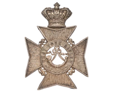 West York Rifles Victorian Officer helmet plate circa 1878-81.  Fine scarce die-stamped silvered crowned lined Maltese cross,