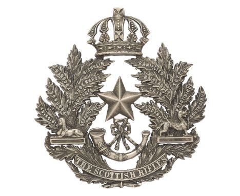 Cameronians (Scottish Rifles) Victorian Officer helmet plate circa 1881-1892.  Good scarce white metal crowned thistle sprays