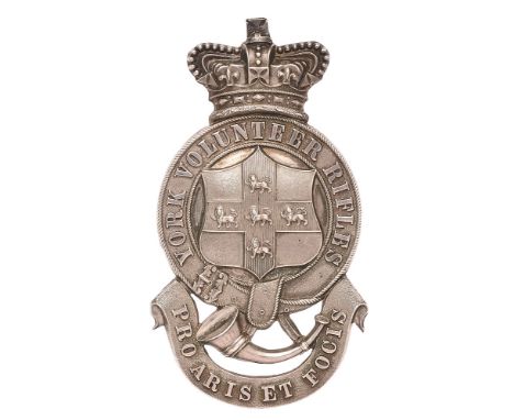 York Volunteer Rifles Victorian Officer pouch belt badge.  Good scarce die-stamped lightly silvered crowned title strap with 