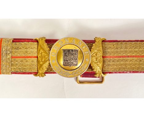 Army Ordnance Department / Corps Officers waist belt. A good example of red Morocco lined gold lace belt with central scarlet