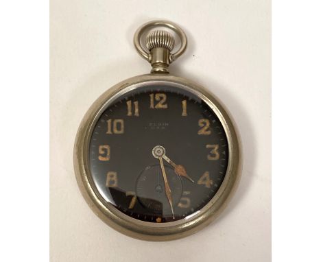 WW1 British Issue pocket watch. This example is a Royal Artillery issue and made by Elgin. Black face with luminous hands and