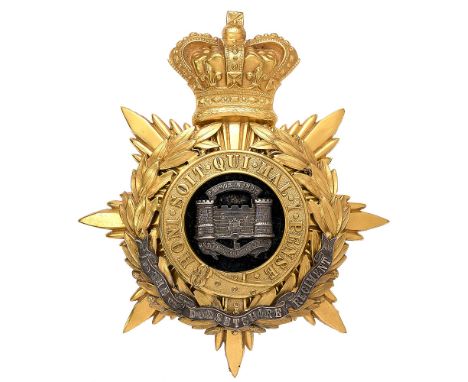 Dorsetshire Regiment Victorian Officers helmet plate circa 1881-1901.  Fine rich gilt crowned star mounted with Garter and la
