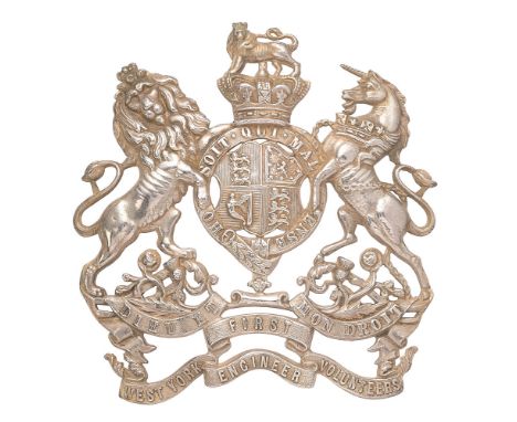 1st West York Engineer Volunteers Victorian Officer post 1878 helmet plate.   Good scarce silvered Royal Arms, pierced around