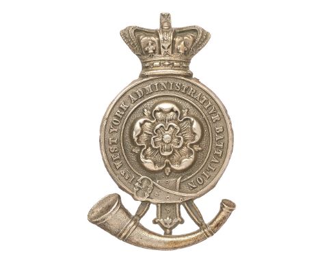 1st West York Administrative Battalion Victorian glengarry badge.  Good scarce die-stamped white metal crowned title strap; r