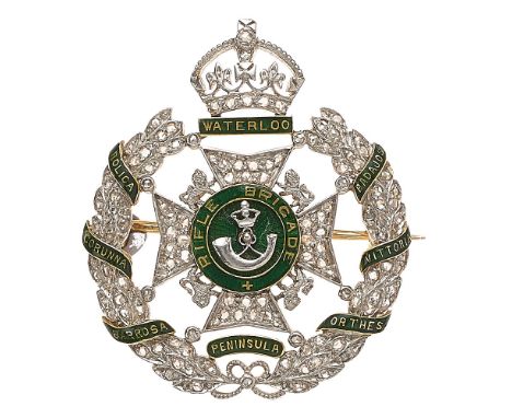 Rifle Brigade diamond set regimental brooch.  Very fine attractive large unmarked gold example encrusted with diamonds. Crown