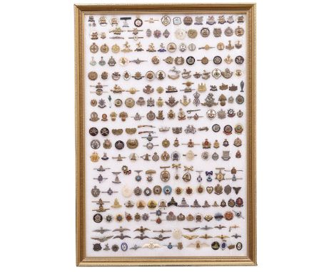 WW1 / WW2 Collection of Regimental Sweetheart Brooches. An impressive framed collection of Regimental sweetheart brooches spa