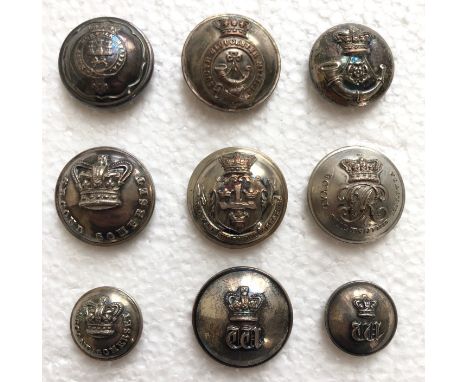 9 Militia Victorian Officers Tunic buttons.  2nd East Norfolk by Firmin ... South Gloucester by Jennens ... 3rd West York by 