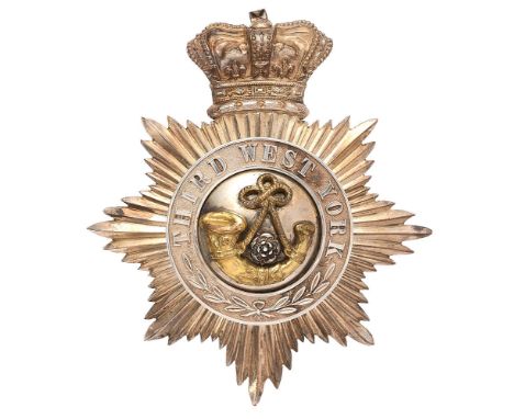 3rd West Yorkshire Militia Victorian Officer shako plate circa 1861-69.  Fine scarce silvered crowned star mounted with THIRD