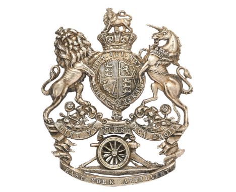 1st East York Artillery Volunteers Victorian helmet plate.  Good scarce die-stamped white metal Royal Arms on scroll FIRST ov