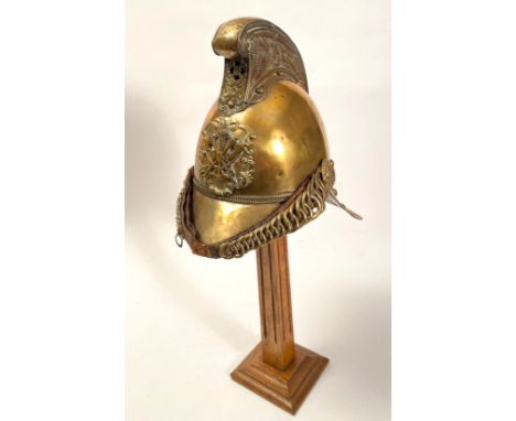 Victorian / Edwardian Merryweather Pattern Brass Fire Brigade Helmet This example with a high comb embossed with dragons to b