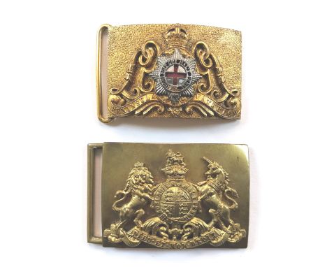 Life Guards Officer and Troopers waist belt clasps. Post 1901 gilt seeded plate mounted with crown above the ornate gilt coll