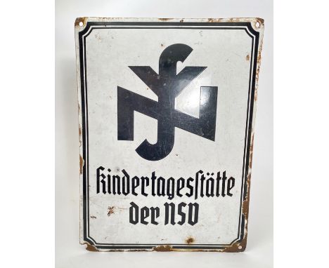 German Third Reich NSV enamel wall sign. Good scarce white enamel retangular bearing a black border, NSV logo and lettering. 