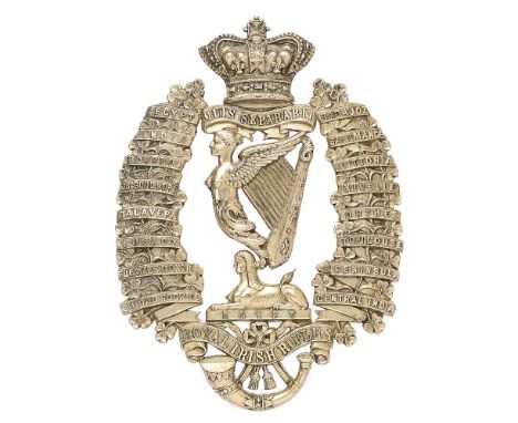 Royal Irish Rifles Victorian Officer helmet plate circa 1881-90.  Fine die-stamped silvered white metal crown on QUIS SEPARAB