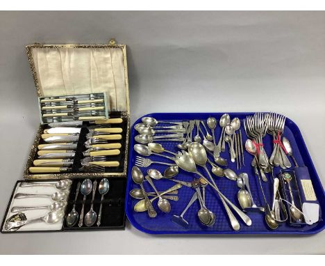 Assorted Plated Cutlery, including a set of three hallmarked silver teaspoons, a hallmarked silver Kings pattern teaspoon, ca