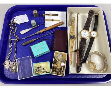 A Curb Link Albert Chain, suspending medallion pendants, assorted vintage cufflinks and dress studs, ladies and gent's wristw