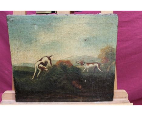 19th century English Naive School oil on canvas - dogs hunting out prey, unframed, 32cm x 37cm